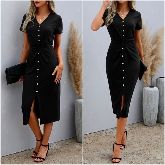 Solid Black Button up Short Sleeve Midi Dress - Picture 5 of 6